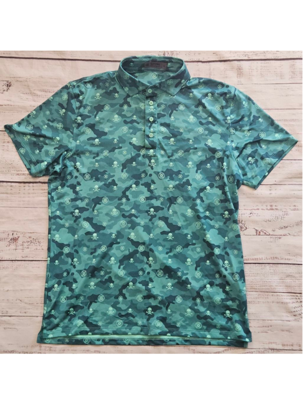 G/Fore Icon Camo Tech Jersey Polo Shirt Collared Golf Green Blue Skulls Large
